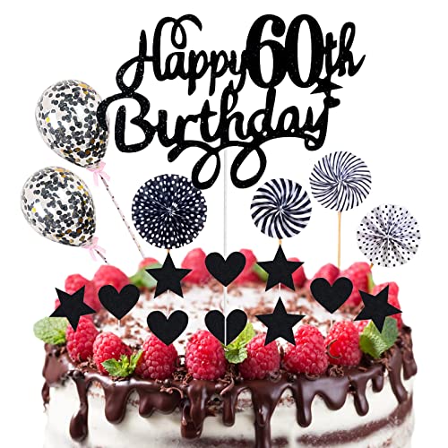 Neodtx Tortendeko Schwarz 60.Geburtstag männer Deko 17 Stk Black Happy Birthday Torte Für 60 Jahre Mann Mädchen Kuchen Glitzer Cake Topper Konfetti-Luftballons Papierfächer Party Deko von NEODTX