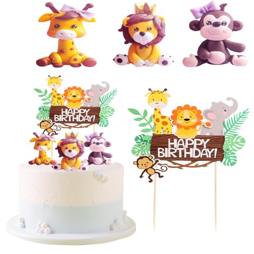 Neodtx Tierfiguren-Dekoration Cake Topper Happy Birthday Cake Decoration Animals,Giraffe Lions Monkey,Bals Forest Animals Birthday Cake Decoration Safari Cake Decoration 1st Birthday Jungle Animals von NEODTX