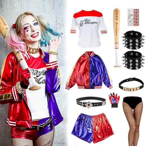 NEOELASIEN 11-teiliges Halloween-Harley-Kostüm-Set für Erwachsene, Damen, T-Shirt, Jacke, Shorts, verstellbares Leder-Puddin-Nieten, Choker-Armband (M) von NEOELASIEN