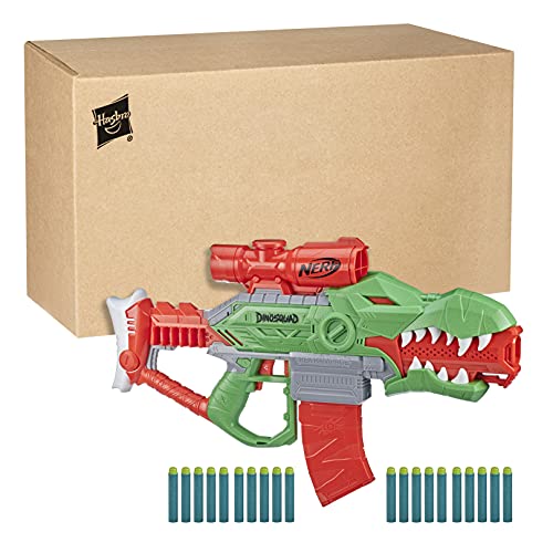 Hasbro DinoSquad Rex-Rampage motorisierter Blaster, 10-Dart Clip-Magazin, 20 Hasbro Darts, 10-Dart Aufbewahrung, T-Rex Dinosaurier Design, F0807 von NERF