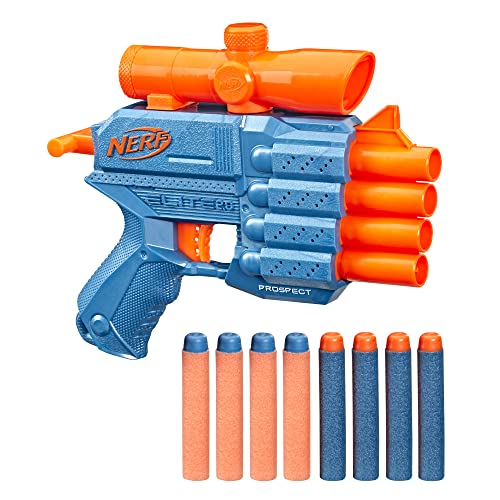 NERF Elite 2.0 Prospect QS-4 Blaster, 8 NERF Elite Darts, 4-Dart Blaster, fest angebrachtes Zielfernrohr, Mehrfarbig von NERF