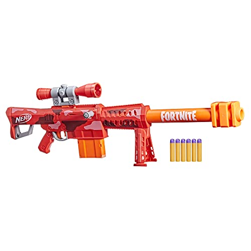 NERF Fortnite Heavy SR Blaster, Längster Fortnite Blaster aller Zeiten, Abnehmbares Zielfernrohr, Bolt Action, 6 Offizielle Mega Darts, 6-Dart Clip von NERF