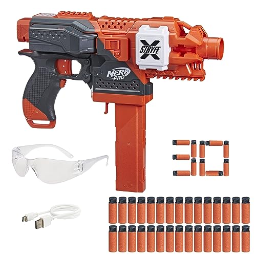 NERF Pro Stryfe X Dart Semi-Auto Blaster, Wiederaufladbarer LiPo-Akku, 30 AccuStrike Halblength Darts, 15-Dart Magazin, 150FPS, Eyewear, 14+ (Amazon Exclusive) von NERF