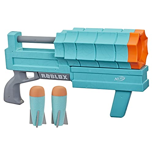 NERF Roblox Sharkbite: Web Launcher Rocker Blaster, inkl. Code zum Einlösen von exklusivem virtuellem Gegenstand, 2 Raketen, Pump-Aktion von NERF