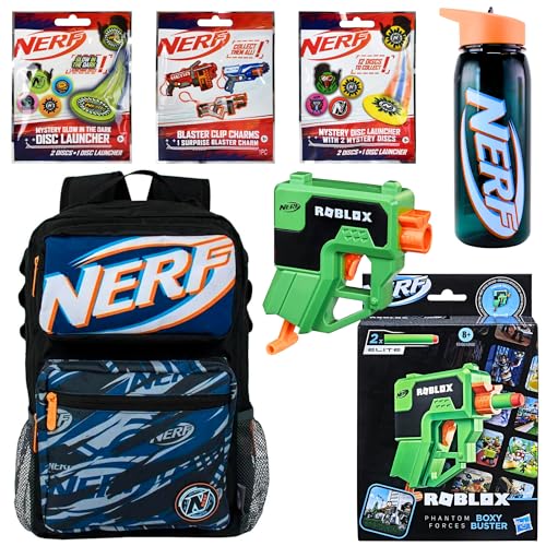 Nerf 6-teiliges taktisches Zubehörpaket – Rucksack, Wasserflasche, 3 Blindbeutel und Roblox Blaster – Boxy Buster von NERF