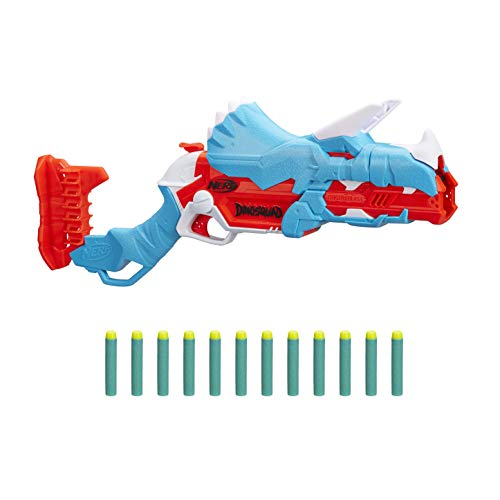 Nerf DinoSquad Tricera-Blast Blaster, aufklappbarer 3-Dart Lauf, 12 Nerf Darts, Dart-Aufbewahrung, Triceratops Design von NERF