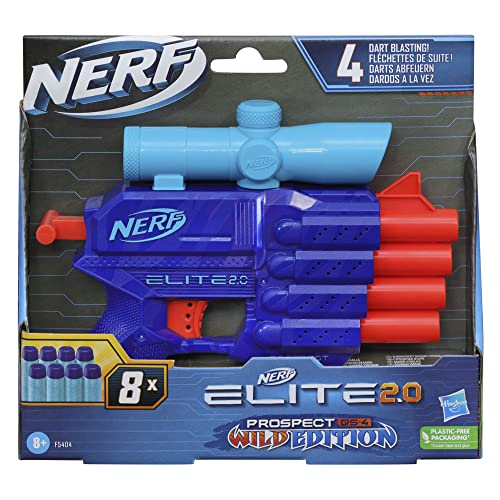 Nerf ELITE 2.0 Prospect QS-4 Blaster, Wild-Edition Farbdesign, 8 Nerf Elite-Darts, 4-Dart Blasting, Targeting Scope, Pull Back Priming von NERF