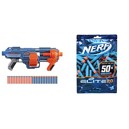 Nerf Elite 2.0 Shockwave RD-15 Blaster, 30 Nerf Darts, 15-Dart Rotationstrommel, Schnellfeuer mit Pump-Action, mit Erweiterungsoptionen & Elite 2.0 50er Dart Nachfüllpackung – 50 Elite 2.0 Darts von NERF