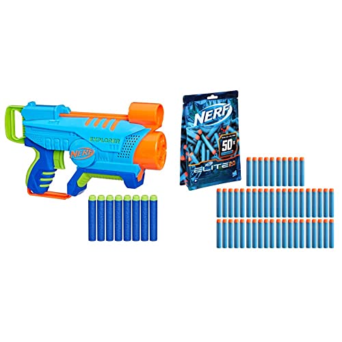 Nerf Elite Jr. Explorer Easy-Play Blaster, kann einfach geladen und abgefeuert Werden, 8 Nerf Elite Darts & Elite 2.0 50er Dart Nachfüllpackung – 50 Elite 2.0 Darts – kompatibel Blastern von NERF