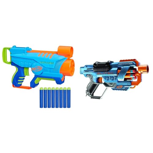 Nerf Elite Jr. Explorer Easy-Play Blaster, kann einfach geladen und abgefeuert Werden & Elite 2.0 Commander RD-6 Blaster, 12 Nerf Darts, 6-Dart Rotationstrommel von NERF