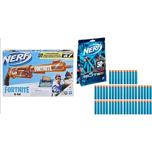 Nerf Fortnite 6-SH Dart-Blaster – Camo Pulse Lackierung, Revolver-Action, 6-Dart Rotationstrommel, enthält 6 offizielle Nerf Elite Darts & Elite 2.0 50er Dart Nachfüllpackung – 50 Nerf Elite 2.0 Darts von NERF