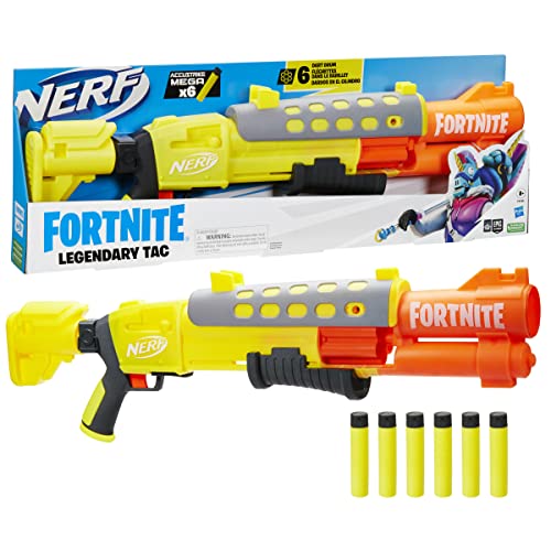 Nerf Fortnite Legendary TAC Dart Blaster, Gelb Glow Lap Design, 6 Dart Megatrommel und 6 Nerf Accustrike Mega-Darts, Pump Action F4168 von NERF