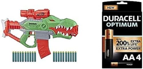 Nerf Hasbro F0807F03 Nerf DinoSquad Rex-Rampage motorisierter Blaster + Duracell NEU Optimum AA Mignon Alkaline Batterien, 1.5V LR6 MX1500, 4er-Pack von NERF