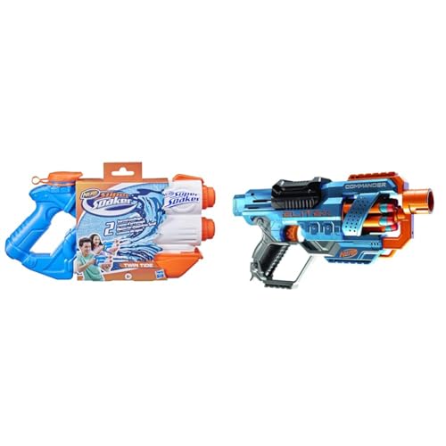 Super Soaker Twin Tide Wasserpistole doppelter Spritzpower Pump-Funktion großer 1,4L Wassertank & Elite 2.0 Commander RD-6 Blaster, 12 Nerf Darts, 6-Dart Rotationstrommel von NERF