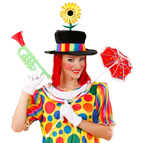 NET TOYS Clown Hut mit Haaren Clownshut mit Sonnenblume Samt Party Zylinder Harlekin Zylinderhut Klown Kopfbedeckung Kindergeburtstag Kostüm Zubehör von NET TOYS