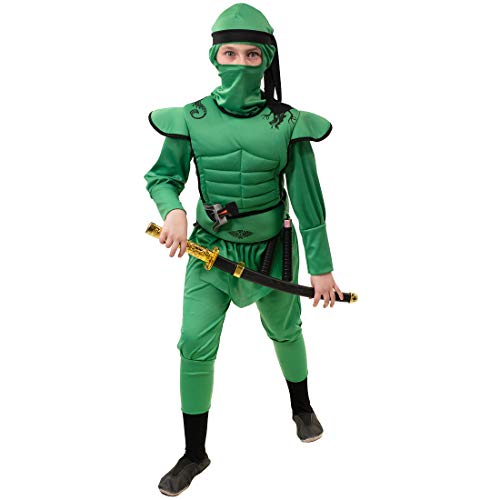 NET TOYS Coole Ninja-Verkleidung für Jungen - Grün 140cm 9-10 Jahre - Herrschaftlicher Overall Samurai-Kämpfer - Der Hit für Asia-Party & Kinder-Karneval von NET TOYS