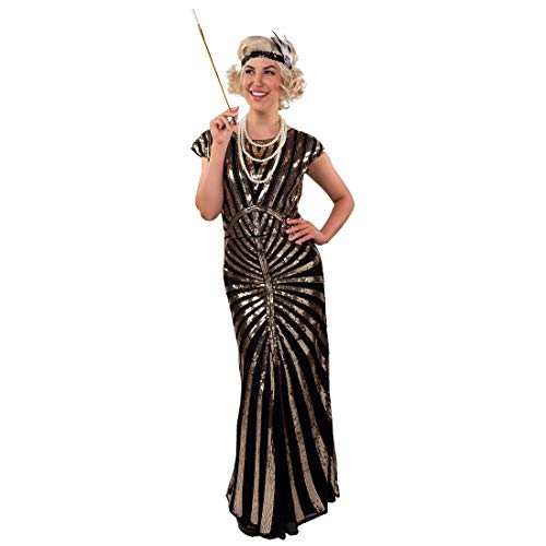 NET TOYS Edles langes Paillettenkleid Gatsby-Style für Damen - Gold-Schwarz 46/48 (L/XL) - Figurbetontes Damen-Dress Retro Glitzerkleid Zwanziger - Perfekt angezogen für Karneval & Kostümfest von NET TOYS