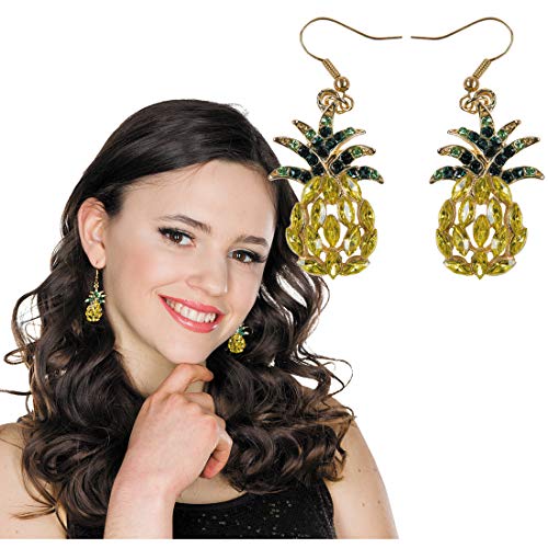 NET TOYS Elegante Ananas-Ohrhänger mit Schmucksteinen - Grün-Gelb - Glänzendes Party-Accessoire Ohrschmuck exotische Früchte - Genau richtig für Kostümfest & Mottoparty von NET TOYS