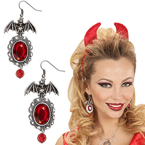 NET TOYS Extravagante Fledermaus-Ohrringe mit Schmuckstein - Silber-Rot - Funkelndes Damen-Accessoire Ohrhänger Gräfin Dracula - EIN Blickfang für Halloween & Gruselparty von NET TOYS