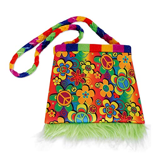 NET TOYS Farbenfrohe Flower Power Tasche mit Plüsch-Fransen 20 x 20 cm - Knalliges Damen-Kostüm-Zubehör Schultertasche Hippie-Style - Ideal für Mottoparty & Fasching von NET TOYS