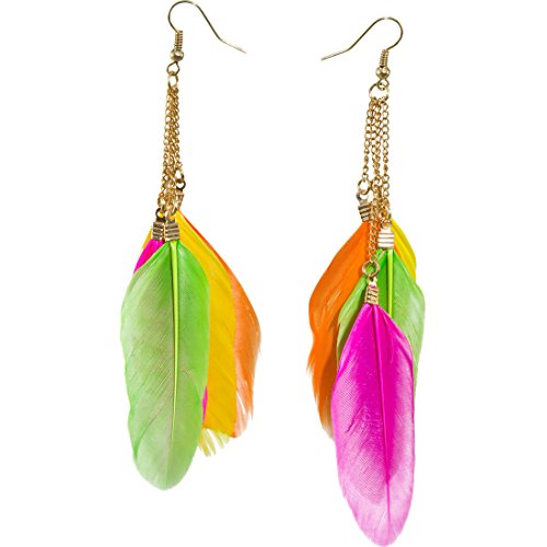 NET TOYS Feder Ohrringe Indianer Ohrhänger neonfarben Neon Federohrringe Neonparty Ohrschmuck Pocahontas Federschmuck Mottoparty Ohr Schmuck Karnevalskostüme Accessoires Damen von NET TOYS