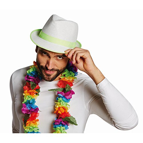 NET TOYS Fedora Hut Neon Strohhut grün Sommer Party Trilby Strand Partyhut Faschingshut Kopfbedeckung Schlager Mottoparty Accessoire Karnevalskostüme Zubehör von NET TOYS