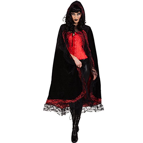 NET TOYS Gothic Umhang mit Kapuze Kapuzencape mit Spitze schwarz-rot Edler Vampirumhang Damen Elegantes Vampire Cape von NET TOYS