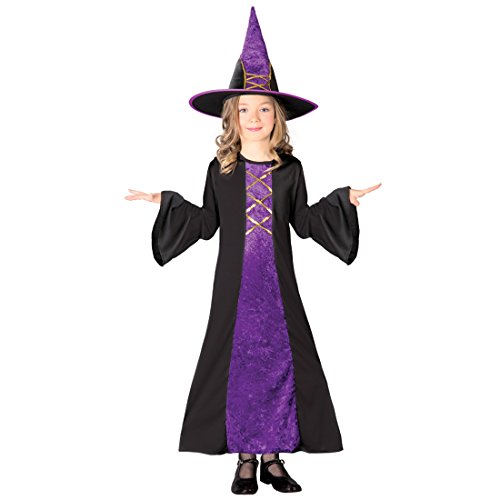 NET TOYS Hexenkleid Mädchen Zauberin Kostüm L 140/146 10 12 Jahre Böse Fee Kinderkostüm Märchenkostüm Magierin Faschingskostüm Hexe Halloween Hexenkostüm Kinder von NET TOYS