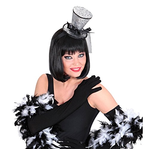 NET TOYS Mini Zylinder Burlesque Minihut am Bügel mit Schleier Silber Tänzerin Miniatur Hut Cancan Girl Minizylinder Glitzer Zylinderhut Fascinator Kostüm Accessoire von NET TOYS