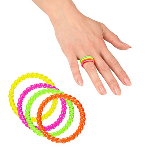 NET TOYS Neon Ring Set 80er Jahre Fingerringe 4 STK. Party Ringe bunt 80s Disco Fingerschmuck Punk Fingerring Fancy Mottoparty Finger Schmuck Karneval Kostüm Damen Accessoires von NET TOYS