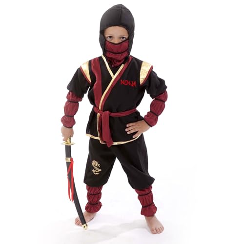 NET TOYS Ninja-Kämpfer Verkleidung für Jungen | Schwarz-Dunkelrot in Größe 104/116, 3-6 Jahre | Hochwertiges Kinder-Kostüm Samurai | Perfekt angezogen für Kinder-Karneval & Fasching von NET TOYS