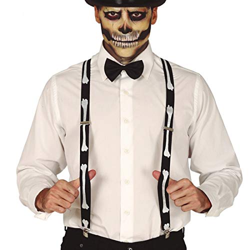 NET TOYS Schaurige Skelett Hosenträger für Erwachsene - Schwarz-Weiß - Ausgefallenes Unisex-Kostüm-Zubehör Bundhalter mit Gebeine-Print - Perfekt angezogen für Halloween & Gruselparty von NET TOYS