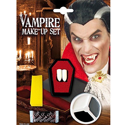 NET TOYS Vampir Make Up Set Vampirzähne weiß-schwarz-grau Vampirschminke mit Eckzähnen Vampir Eckzähne Draculazähne mit Halloween Schminke von NET TOYS