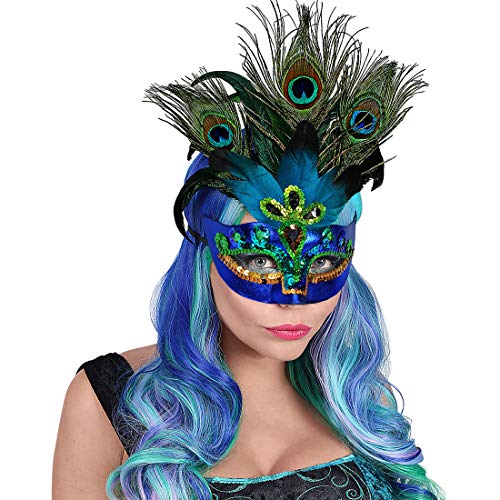 NET TOYS Venezianische Pfau-Maske mit Federn - Blau - Extravagantes Damen-Kostüm-Zubehör Vogelmaske für Erwachsene - Perfekt geeignet für Fasching & Karneval von NET TOYS