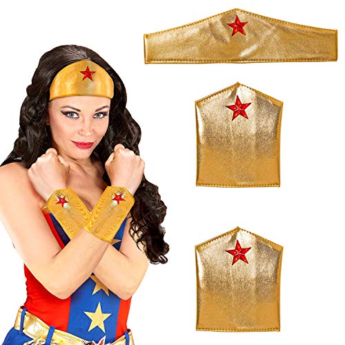 NET TOYS Wonder-Woman Kostüm-Set mit Stulpen & Haarband - Gold - Cooles Damen-Kostüm-Zubehör Superheldin - Ideal für Mottoparty & Karneval von NET TOYS