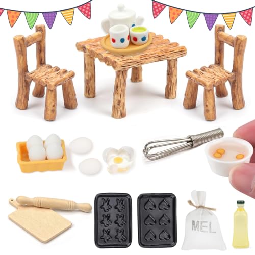 NETUME Miniatur Küche Puppenhaus Zubehör, Mini Möbel Puppenhaus, Miniatur Deko Tisch und Stühle, Teetassen-Set, Eier, Nudelholz Mehlbeutel, Ideal Backen Wichtel Zubehör Weihnachten von NETUME