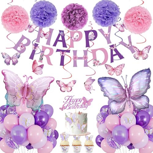 Balloon Schmetterling Geburtstagsdeko Mädchen, Schmetterling Deko Kindergeburtstag, Rosa Violette Luftballons Geburtstag Schmetterling mit Hängende Wirbel Schmetterling Luftballons Balloon Schmetterling Geburtstagsdeko Mädchen, Schmetterling Deko Kindergeburtstag, Rosa Violette Luftballons Geburtstag Schmetterling mit Hängende Wirbel Schmetterling Luftballons von NEUFOOD
