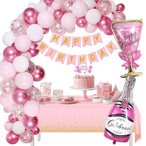 Geburtstag Deko Rosa Geburtstagsdeko Frauen Mädchen Happy Birthday Girlande Konfetti Luftballon Metallic Rosa Ballons Tischdecke Kuchendeckel von NEUFOOD