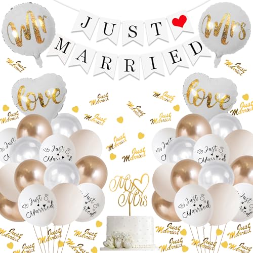 Just Married Deko Hochzeitsdeko, Mr & Mrs Deko Hochzeit Luftballons Hochzeit,mit Just Married Girlande Luftballons,Mr und Mrs Ballons Herzluftballons,Cake Topper für Hochzeit Standesamt Deko Hochzeit von NEUFOOD