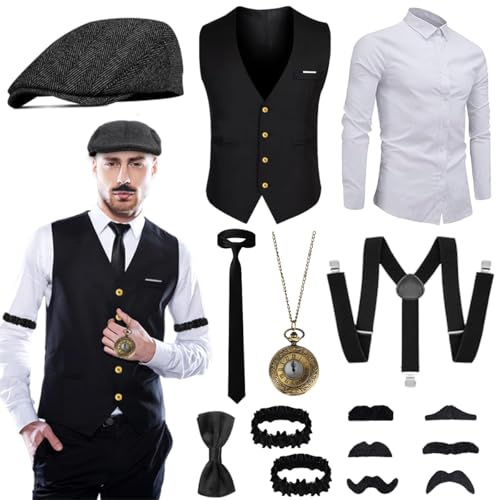 NEUFOOD 20er Jahre Accessoires Herren, 20er Jahre Kostüm Herren, Mafia Karneval Kostüm Herren, 20er Jahre Kleidung Zubehör mit Westen Hemd & Verschiedenen Accessoires für Halloween, Karneval Kostüm L von NEUFOOD