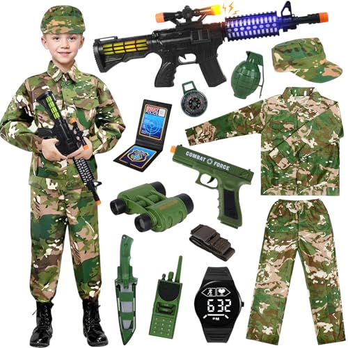 Militär Kostüm Kinder Armee Soldat Kostüm, Militär Soldaten Kostüm für Kinder,mit Tarnanzug Hemd Hosen Mütze,Militär Ausrüstung Militär Spielzeug für Jungen Mädchen Halloween Faschingskostüme Kinder von NEUFOOD