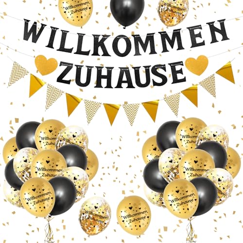 Willkommen Zuhause Welcome Home Deko, Herzlich Willkommen Girlande Willkommen Zurück Set,Willkommen Zuhause Banner Schwarzes Gold Luftballons für Welcome Back Welcome Baby Geburt Familie Dekorations von NEUFOOD