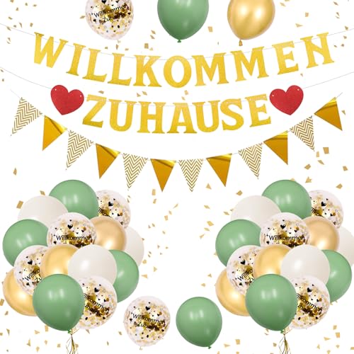 Willkommen Zuhause Welcome Home Deko, Herzlich Willkommen Girlande Willkommen Zurück Set mit Willkommen Zuhause Banner Grün Gold Luftballons für Welcome Back Welcome Baby Geburt Familie Dekorations von NEUFOOD