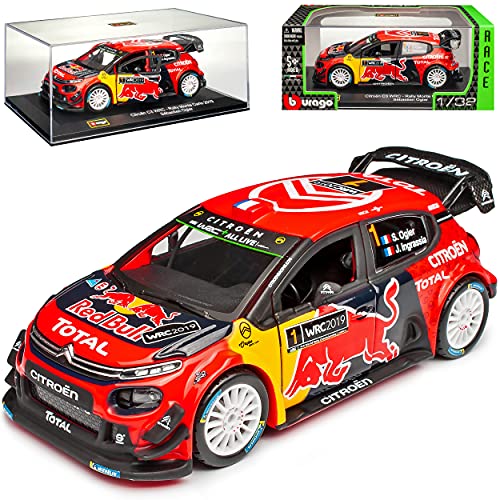 Citroen C3 WRC Rally Monte Carlo 2019 Ogier Nr 1 mit Sockel und Vitrine 1/32 Burago Modell Auto mit individiuellem Wunschkennzeichen von NEW