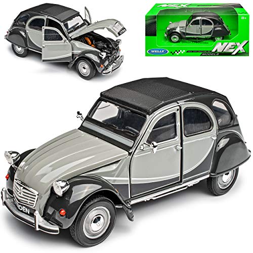 NEW Citroen 2cv Grau Schwarz Charleston 6 Ente 1949-1990 1/24 Welly Modell Auto mit individiuellem Wunschkennzeichen von NEW