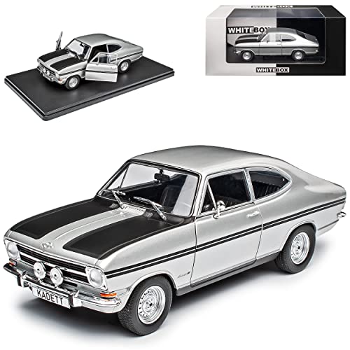 NEW Opel Kadett B Coupe Rallye 3 Türer Silber mit Schwarz 1965-1973 Mit Sockel 1/24 Whitebox Modell Auto mit individiuellem Wunschkennzeichen von NEW