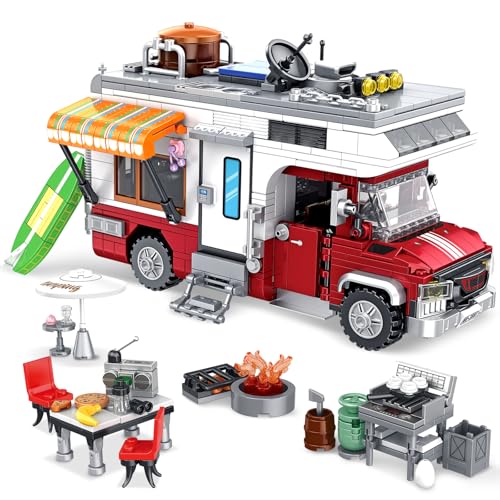 Wohnmobil-Bauset, kompatibel mit Lego Rvs Camper Fahrzeuge, Sommer Strand Urlaub Camping Auto Bauspielzeug mit Licht, Geschenk für Erwachsene und Jungen Mädchen Kinder Teens 8-12 (924 PCS) von NEWABWN