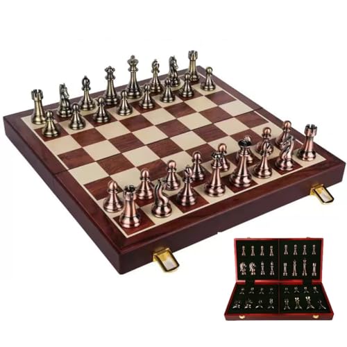 Großes Metallschach, Vintage Verkupferte Legierung Schach Erwachsene Set, Überdimensionale Schach Für Erwachsene Turniere, Tragbare Holzkoffer Lagerung Und Falten(39 * 39cm) von NEWCIX