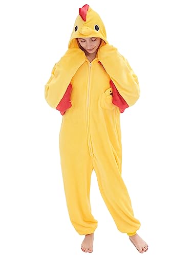 NEWCOSPLAY Unisex Erwachsene Einteiler Pyjama Tier Einteiler Kostüm Cosplay Nachtwäsche, Gelbes Huhn, L von NEWCOSPLAY