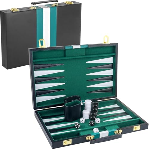 NEWFUN 18 Zoll Backgammon，Backgammon Holz，Backgammon Koffer，Backgammon-Set, Brettspiel mit hochwertigem Lederetui mit Würfelbecher, tragbares und für Erwachsene Brettspiel von NEWFUN